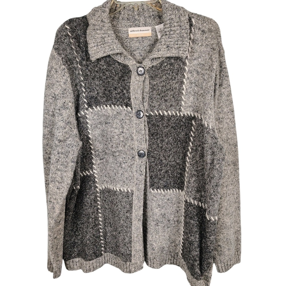 Alfred Dunner Womens 2X Cardigan Sweater Grey Patchwork Cotton Blend Gorpcore